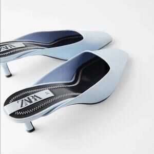 Zara Square Toe Kitten Heel Mules Light Blue Minimalist Slip-On Size 41